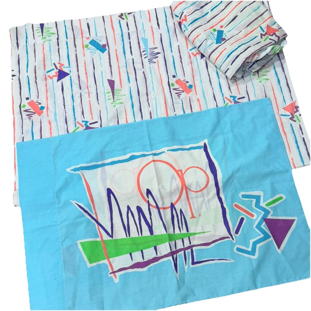 Vintage 1980s Ocean Pacific TWIN Sheet Set Dan River Pop Art Pastel Beach Surf